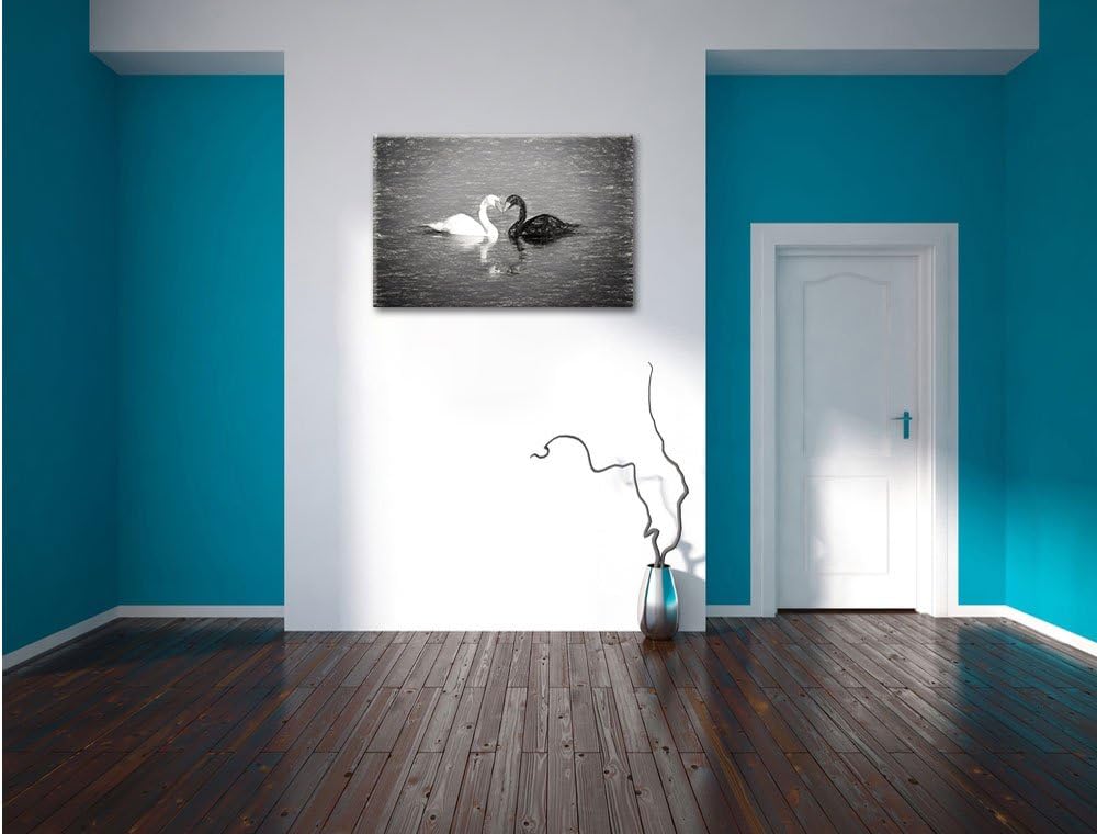 Pixxprint verliebte Schwäne schmusen Kunst Kohle Effekt, Format: 100x70 auf Leinwand, XXL riesige Bi