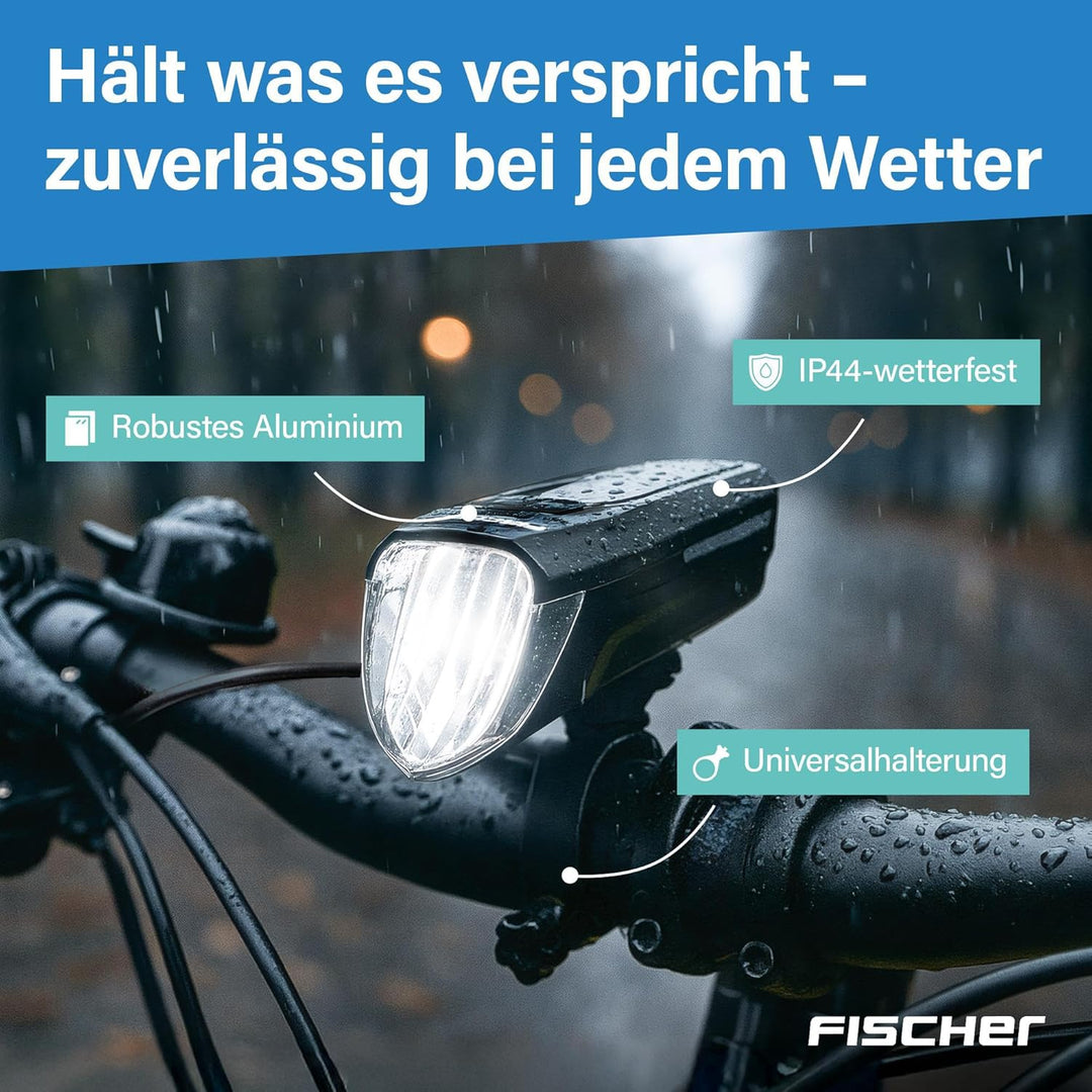 FISCHER Fahrrad LED-Frontlicht 100 Lux Fernlicht, mit Sensormodus, spritzwassergeschütztes Gehäuse,