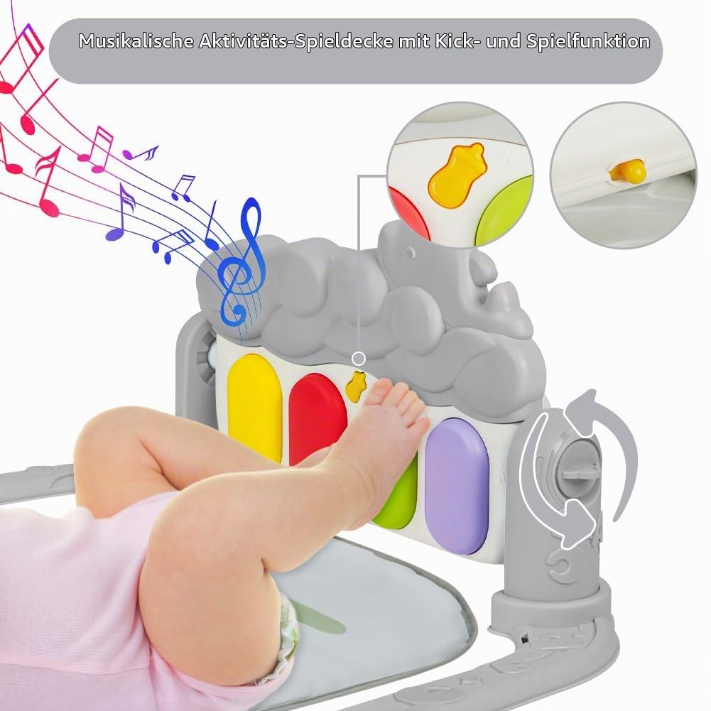 AOMIG Piano-Gym Spieldecke, Krabbeldecke mit Musik und Lichtern, Spielmatte mit Spielbogen abnehmbar