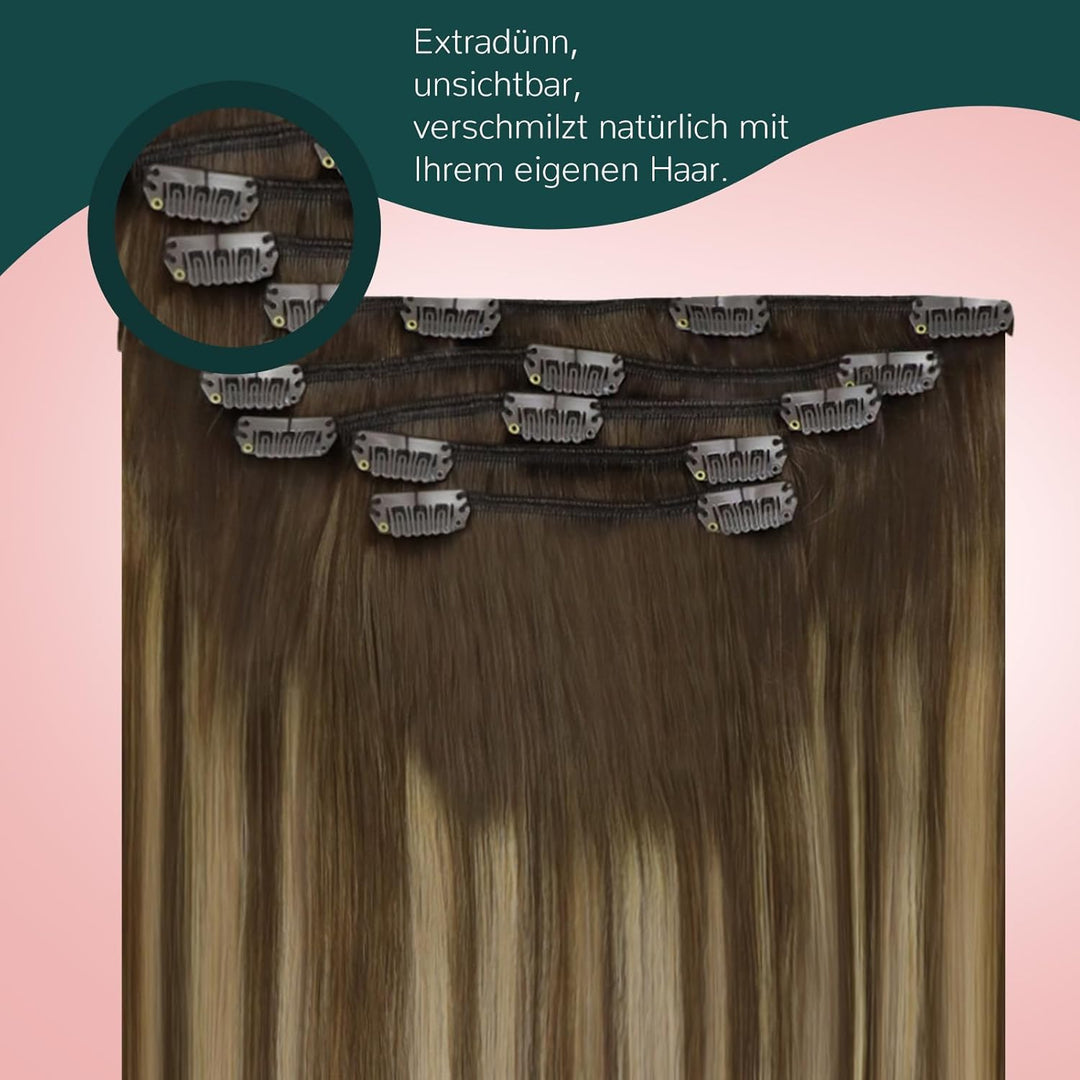Easyouth Echthaar Clip Extensions Remy Echthaar Clip in Extensions Farbe Mittelbraun Mix Honigblond