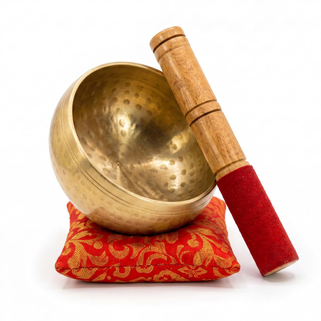 Tibetische Klangschale 13 cm | Meditations- & Yoga-Set mit Klöppel, Kissen & Geschenkbox | Entspanne