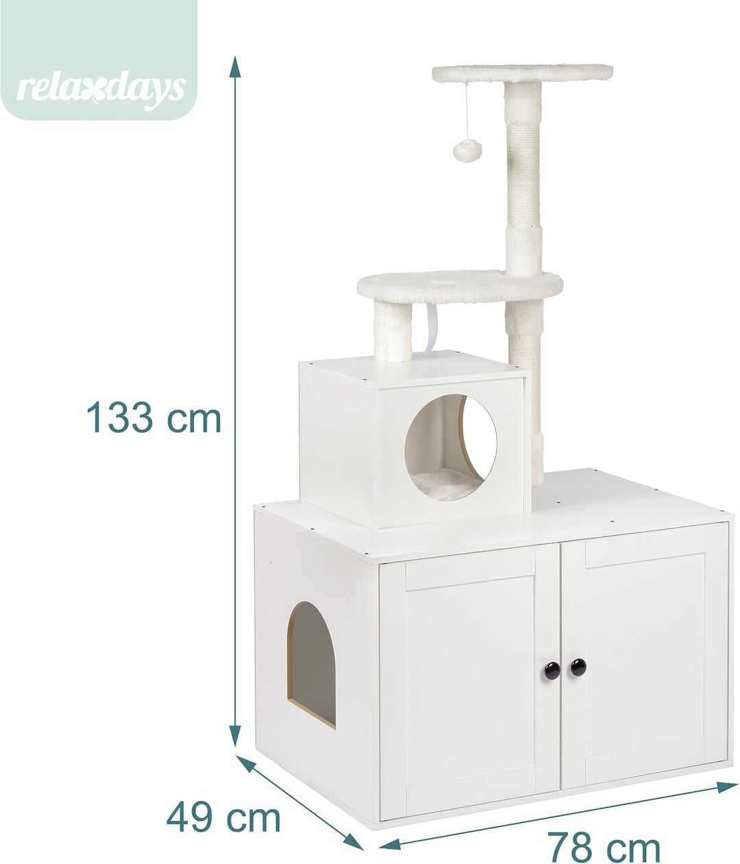 Relaxdays Kratzbaum mit Katzenkloschrank, HBT: 133x78x49 cm, weiss | Sisalstämme &amp; Liegemulde, Holzo