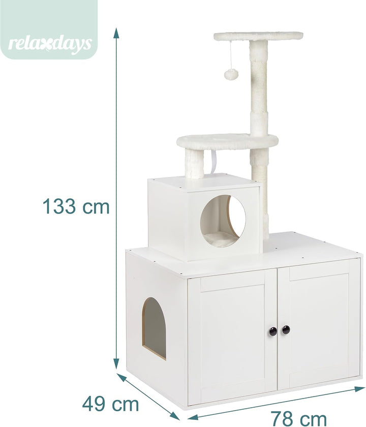 Relaxdays Kratzbaum mit Katzenkloschrank, HBT: 133x78x49 cm, weiss | Sisalstämme &amp; Liegemulde, Holzo