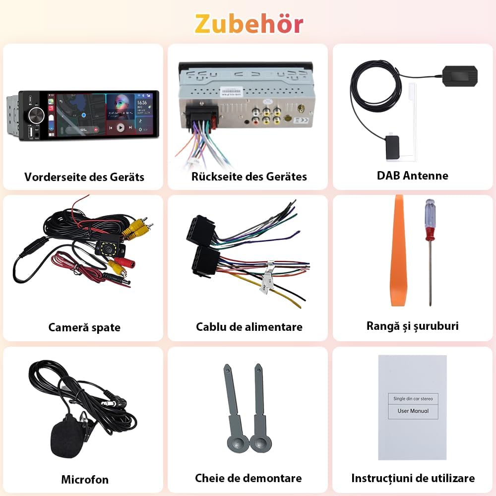 1 DIN Universales Autoradio, Carplay, Android Auto, DAB+, Rückfahrkamera | 6,28 Zoll Touchscreen, On