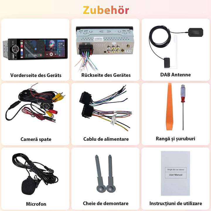 1 DIN Universales Autoradio, Carplay, Android Auto, DAB+, Rückfahrkamera | 6,28 Zoll Touchscreen, On