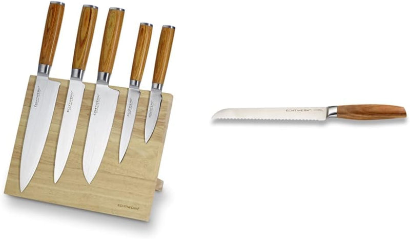 Echtwerk Damastmesser Set 6 Teilig, Holz, Silber, 21,5 x 12,5 x 35,7 cm, 6-Einheiten(5 Messer + Mess