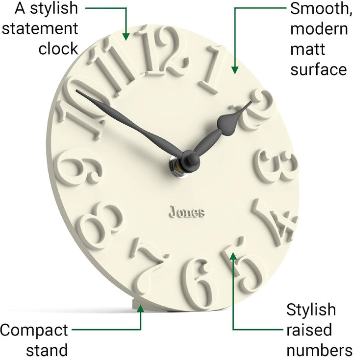 JONES CLOCKS® Hampstead Schreibtisch Uhr | Freistehend | Blasscreme | Elegante, erhabene Ziffern | I