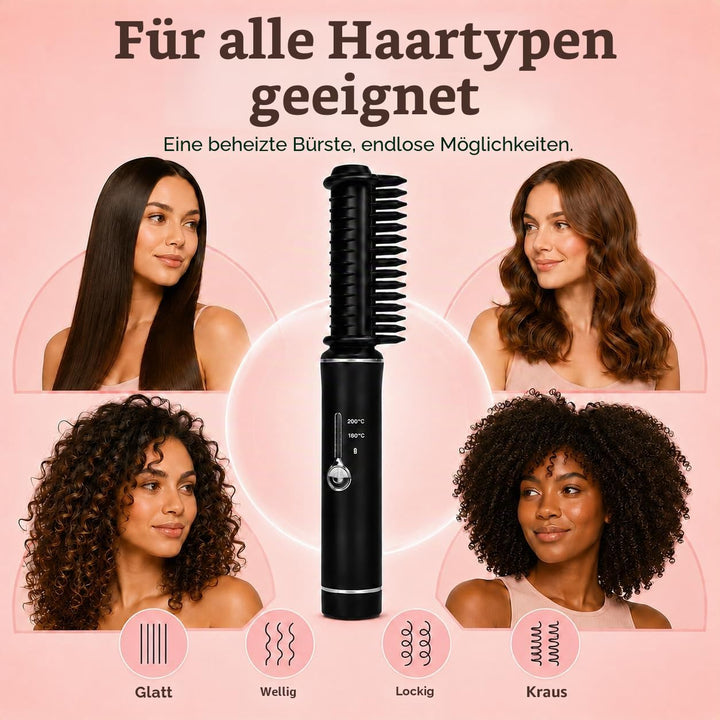Mini Haarglätter Kabellos | Reiseglätteisen | Stylingbürste mit Keramikbeschichtung | 2 Wärmestufen