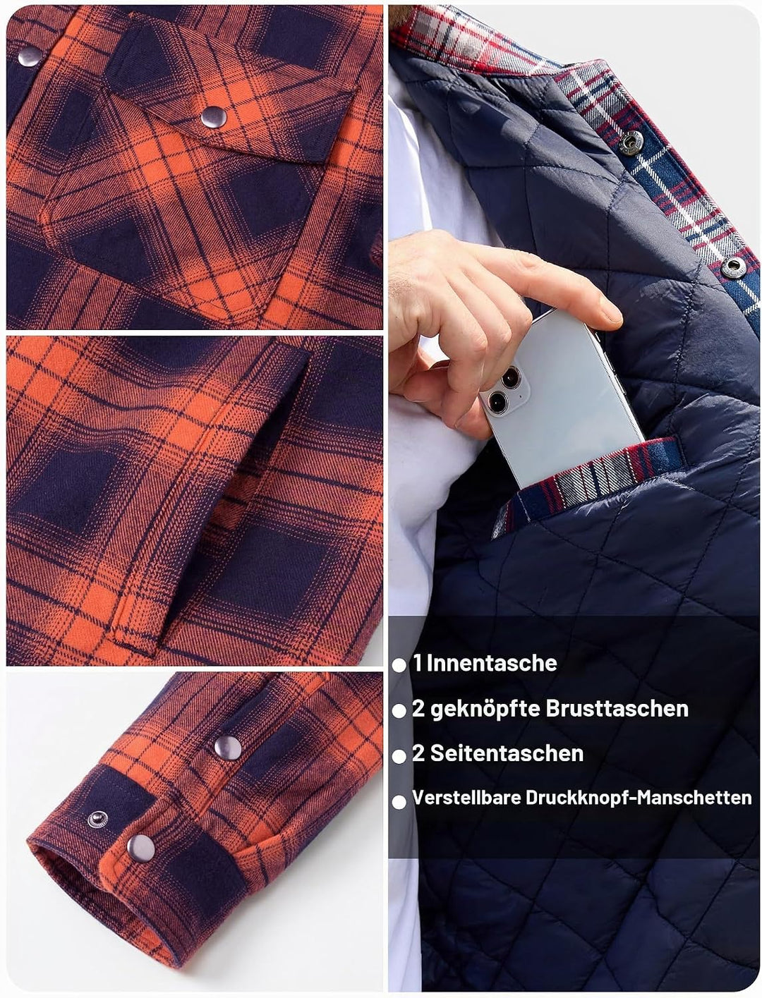 TACVASEN Herren Karierte Hemdjacke Flanellhemd Holzfällerhemd Thermohemd Jacke S Orange, S Orange