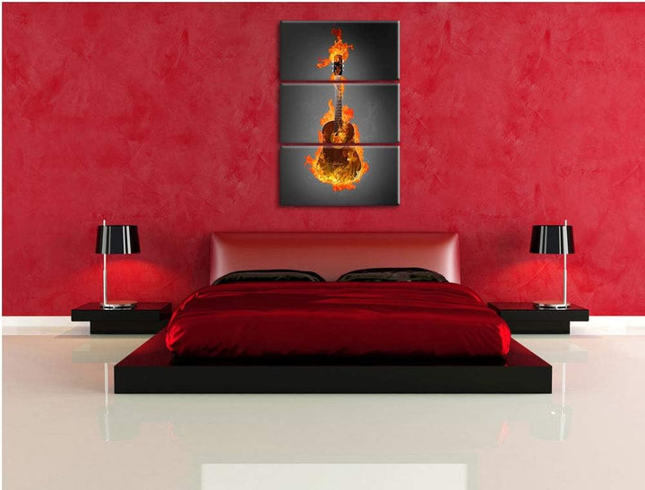 Pixxprint Brennende Gitarre Heisse Flammen als Leinwandbild | Grösse: 3 Teilig (120x80) | Wandbild|