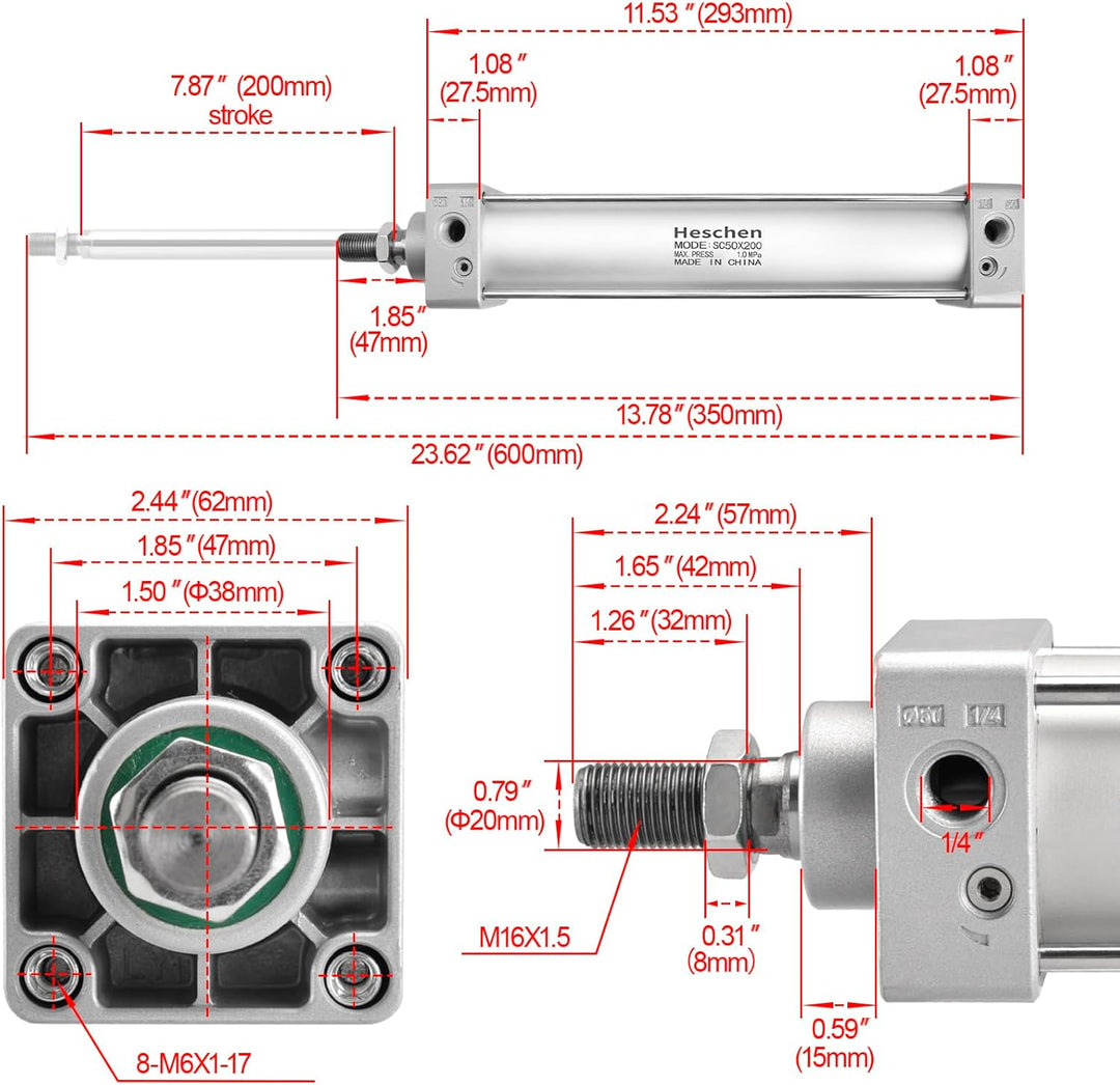 Heschen Pneumatischer Standard-Luftdruckzylinder, SC 50-200, PT1/4 Anschluss, 50mm Bohrung, 200mm Hu