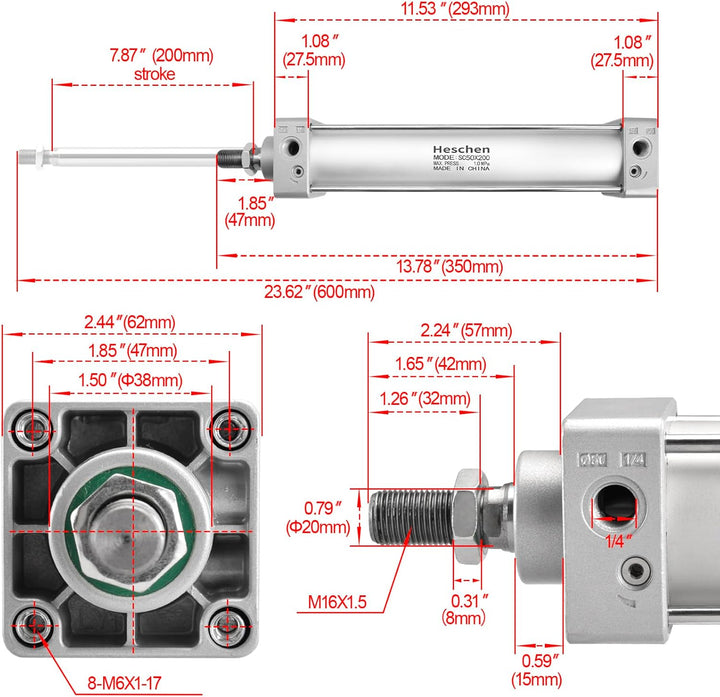 Heschen Pneumatischer Standard-Luftdruckzylinder, SC 50-200, PT1/4 Anschluss, 50mm Bohrung, 200mm Hu