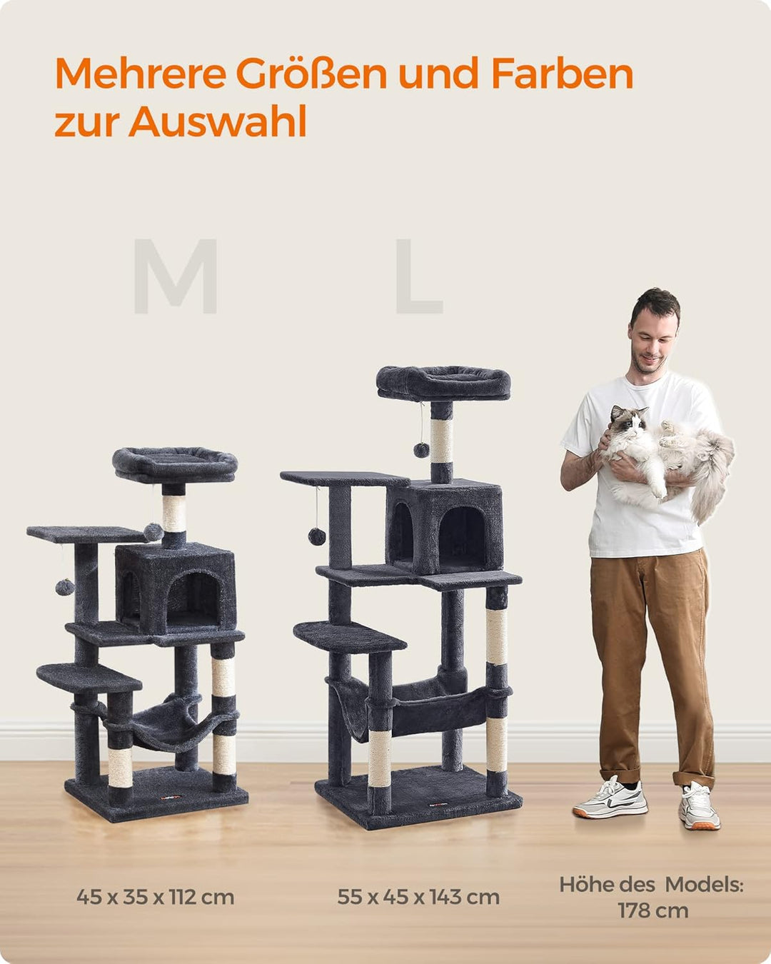 Feandrea Kratzbaum, 112 cm hoch, Katzenbaum, mehrstöckiges Katzenhaus, mit 4 Kratzsäulen, 2 Plattfor