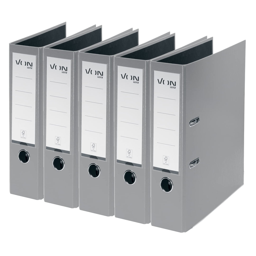 VON Leitz 5er Pack Ordner A4, Karton mit Kunststoffeinband, 80 mm Rückenbreite, Für 600 Blatt, FSC-z