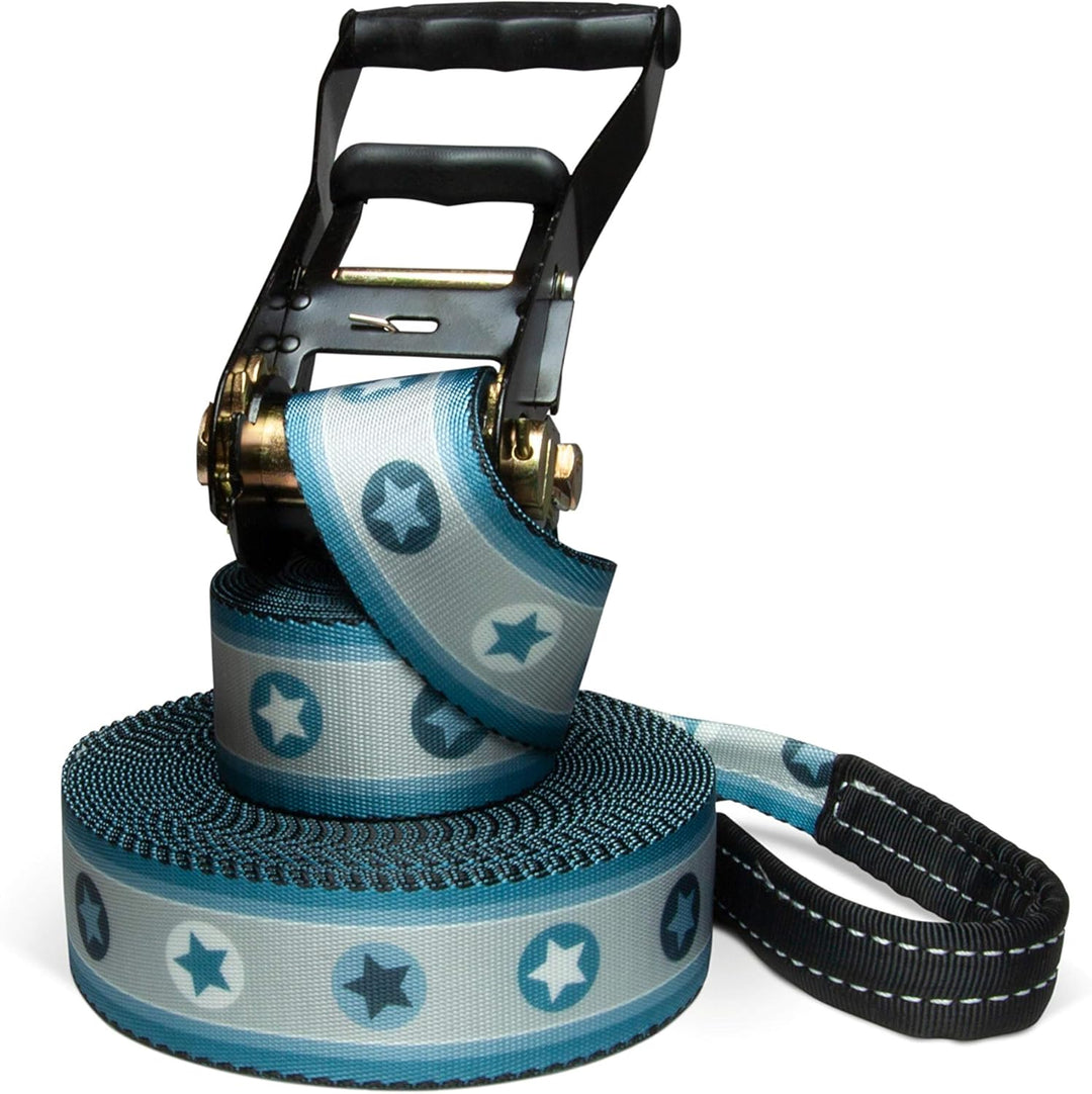 Slackline Set, Blue Stars, 15-25 Meter Länge, Komplettset für Kinder, Anfänger und Familien, inklusi