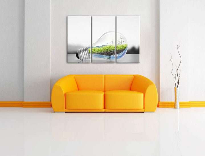 Pixxprint grüne Energie in Glühbirne als Leinwandbild | Grösse: 3 Teilig (120x80) | Wandbild| Kunstd