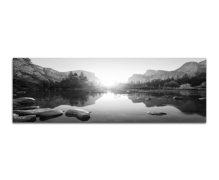 Paul Sinus Art Leinwandfoto als Panorama SCHWARZ/Weiss 120x40cm Yosemite Berge Wald Fluss Sonnenaufg
