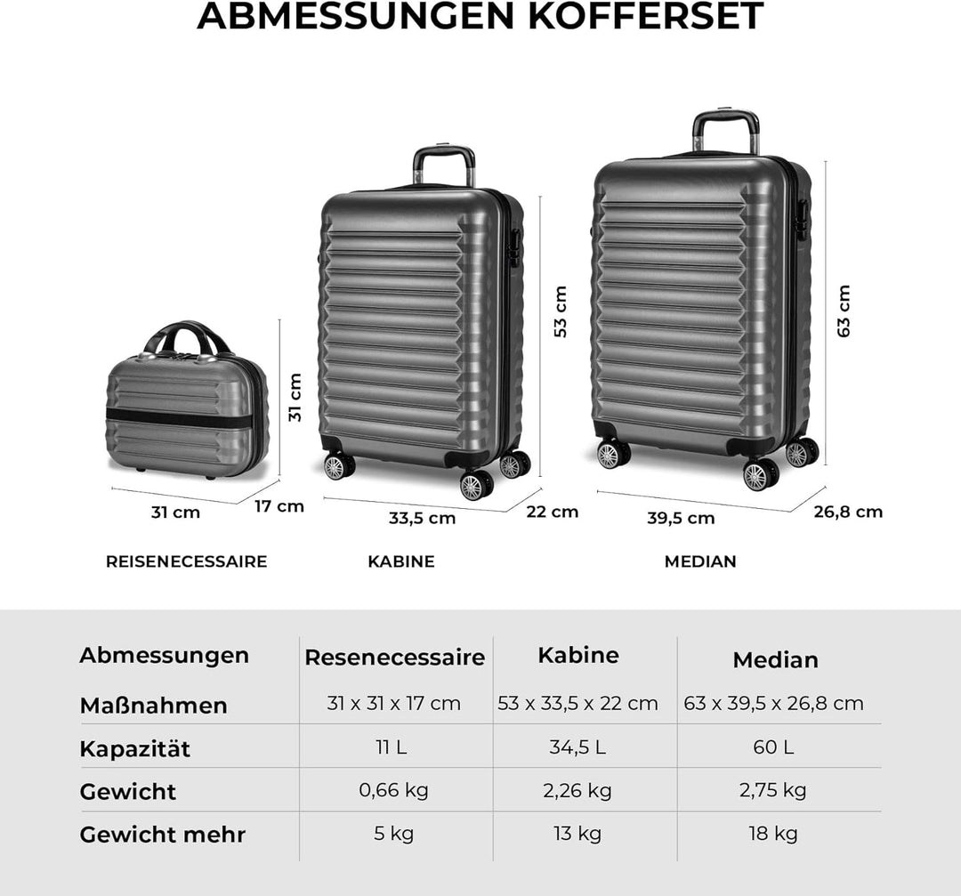 NUMADA - Gepäck-Set und Kulturbeutel 3 Stück Mod. Newteck Grau, mittel 63cm, klein 53cm und Kulturbe