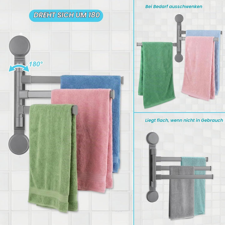 Handtuchhalter Ohne Bohren, 180° Schwenkbar 3 Armig Handtuchstange, Saugnapf Typ Towel Holder, Alumi