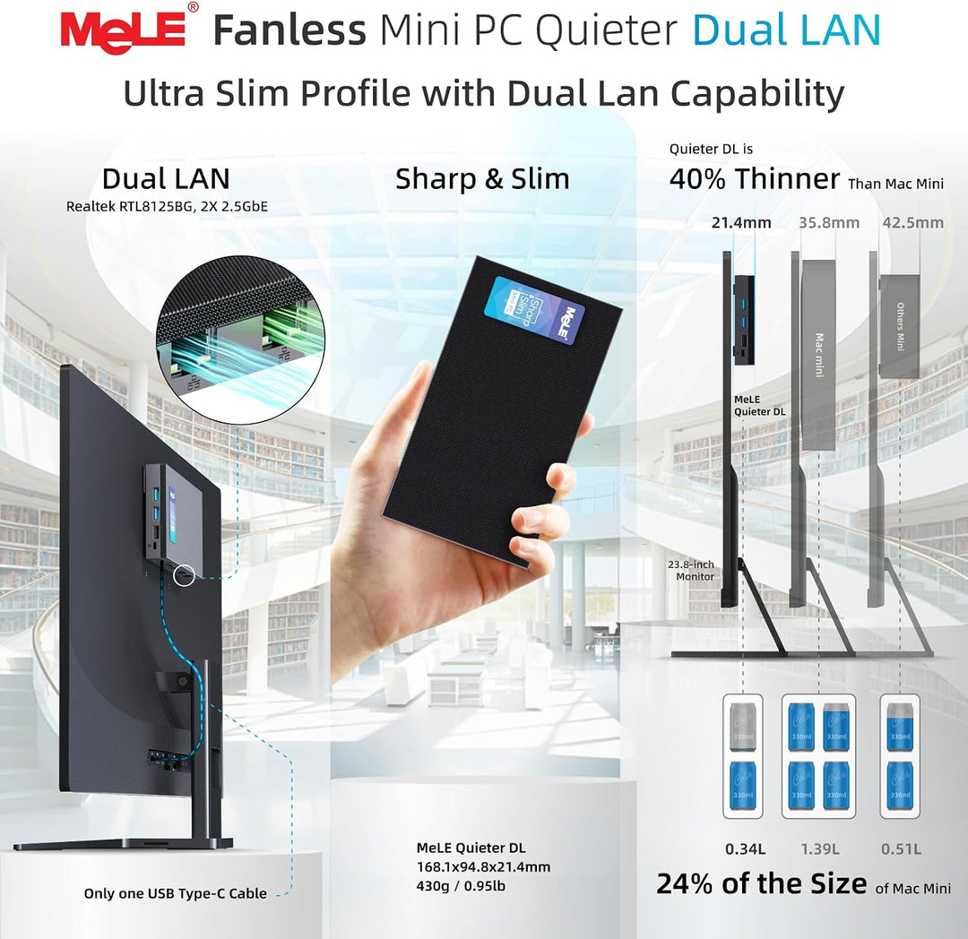 MeLE QuieterDL Lüfterloser Mini PC 2.5Gb Dual LAN Alder Lake N100(bis zu 3.4GHz) 8GB DDR4 256GB ROM