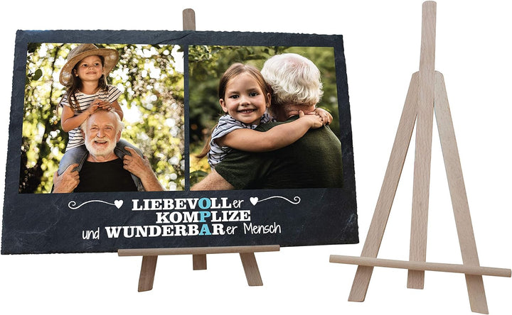 wandmotiv24 Schiefertafel Bester Opa mit Holz-Staffelei, Personalisiert mit 2 Farb-Fotos, Digitaldru