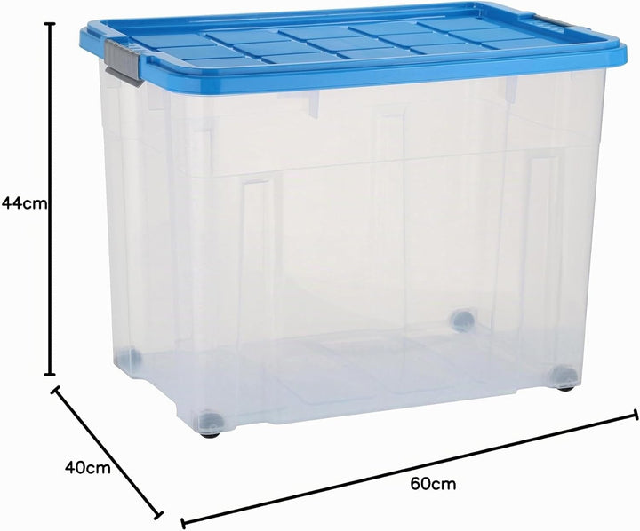 axentia Aufbewahrungsbox mit Rollen &amp; Deckel, Stapelbox aus Kunststoff 80 Liter, Eurobox transparent