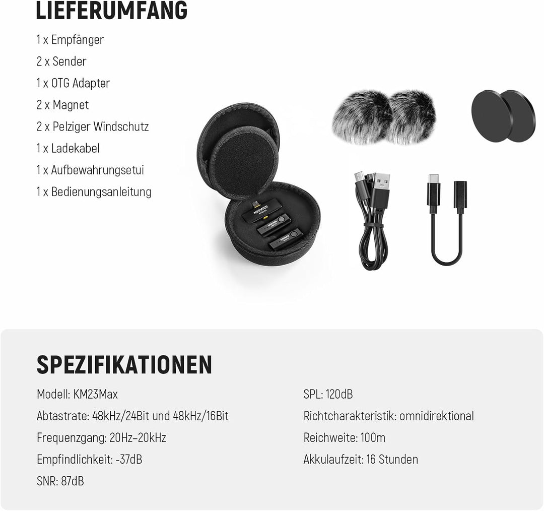 NEEWER Kabelloses Lavalier Mikrofon, 48kHz/24Bit, 8 Std. Akku, Geräuschunterdrückung, omnidirektiona