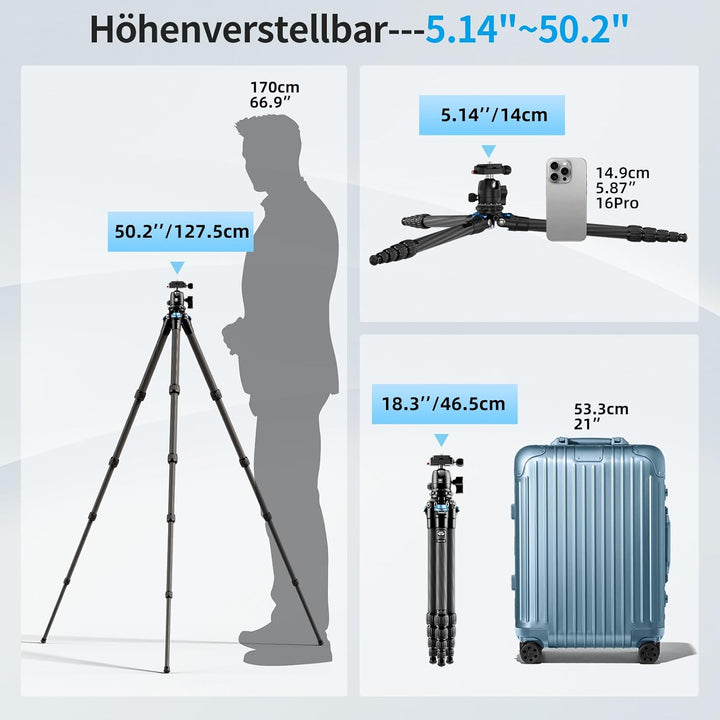 SIRUI AM-225+B-00K Carbon Kamera Reise Stativ, 127,3cm leichtes Kamerastativ Reisestativ Dreibein-St