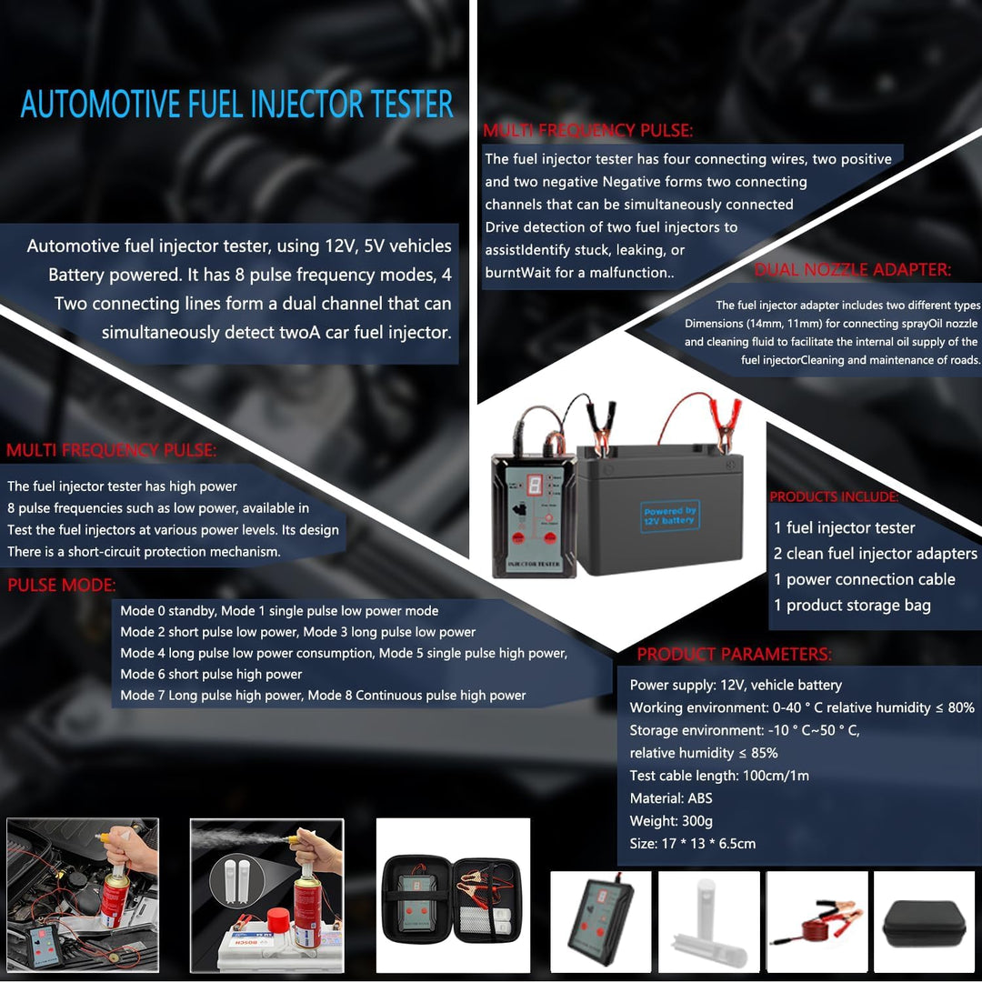 ZKTOOL Automotive Einspritzdüsen-Tester, 2 Düsenreinigungsadapter, 8 Impulsmodi, 12 V/5 V Ausgangsle