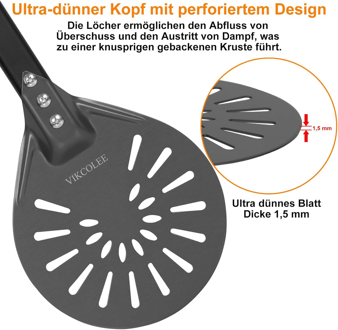 Perforierter Pizzaschieber, runder Pizzawender 17,8 cm, rutschfester Griff 42 cm, robuster eloxierte
