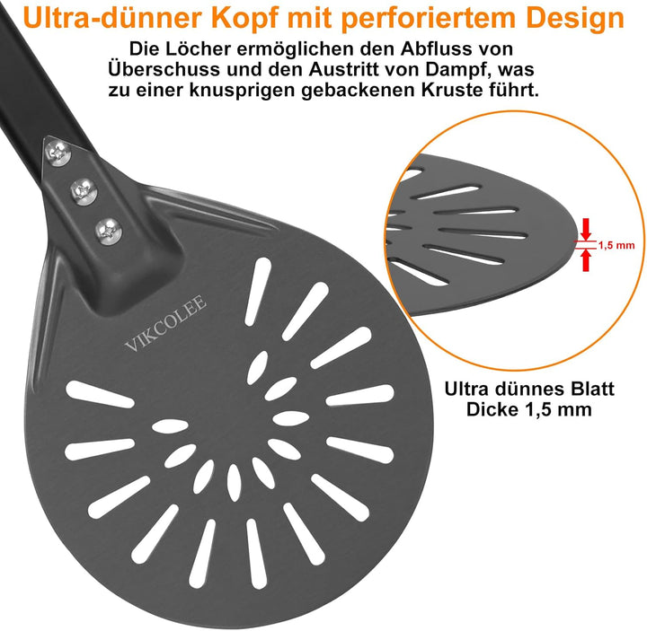 Perforierter Pizzaschieber, runder Pizzawender 17,8 cm, rutschfester Griff 42 cm, robuster eloxierte