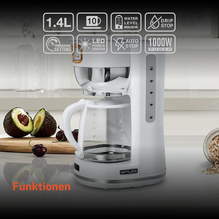 MUSE Kaffeeautomat MS-220 W | mit Glaskanne, analoge Anzeige für Warmhaltung, 10 Tassen Fassungsverm