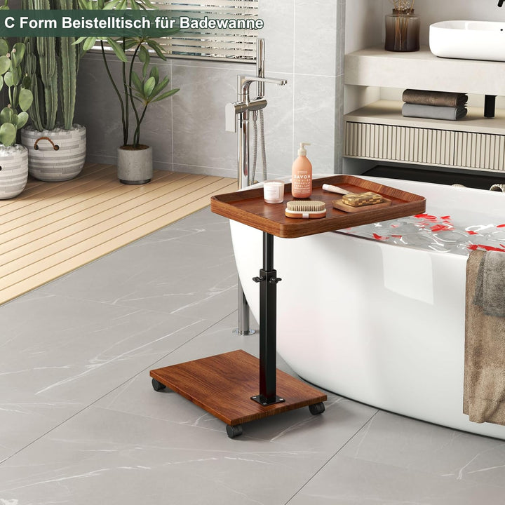 Beistelltisch c Form Höhenverstellbar mit Rollen, 360° Rotierend Couch Beistelltisch Holz Sofatisch,