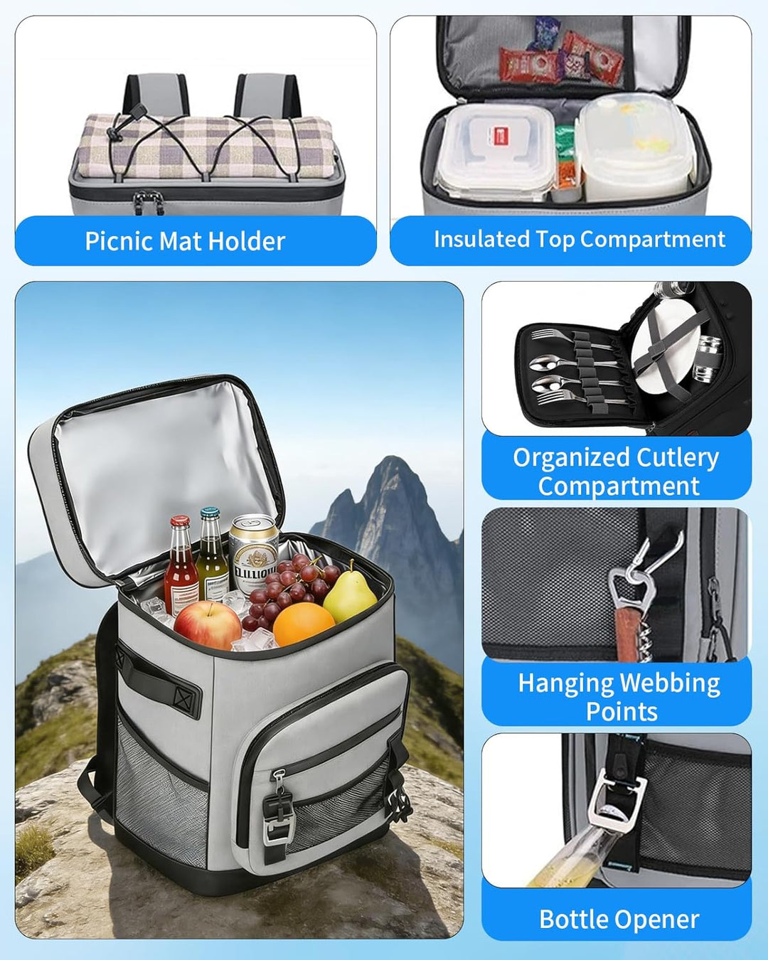 30L Kühlrucksack, Gross Isolierte Kühltasche Wasserdichter Picknickrucksack für Männer Frauen, Tragb