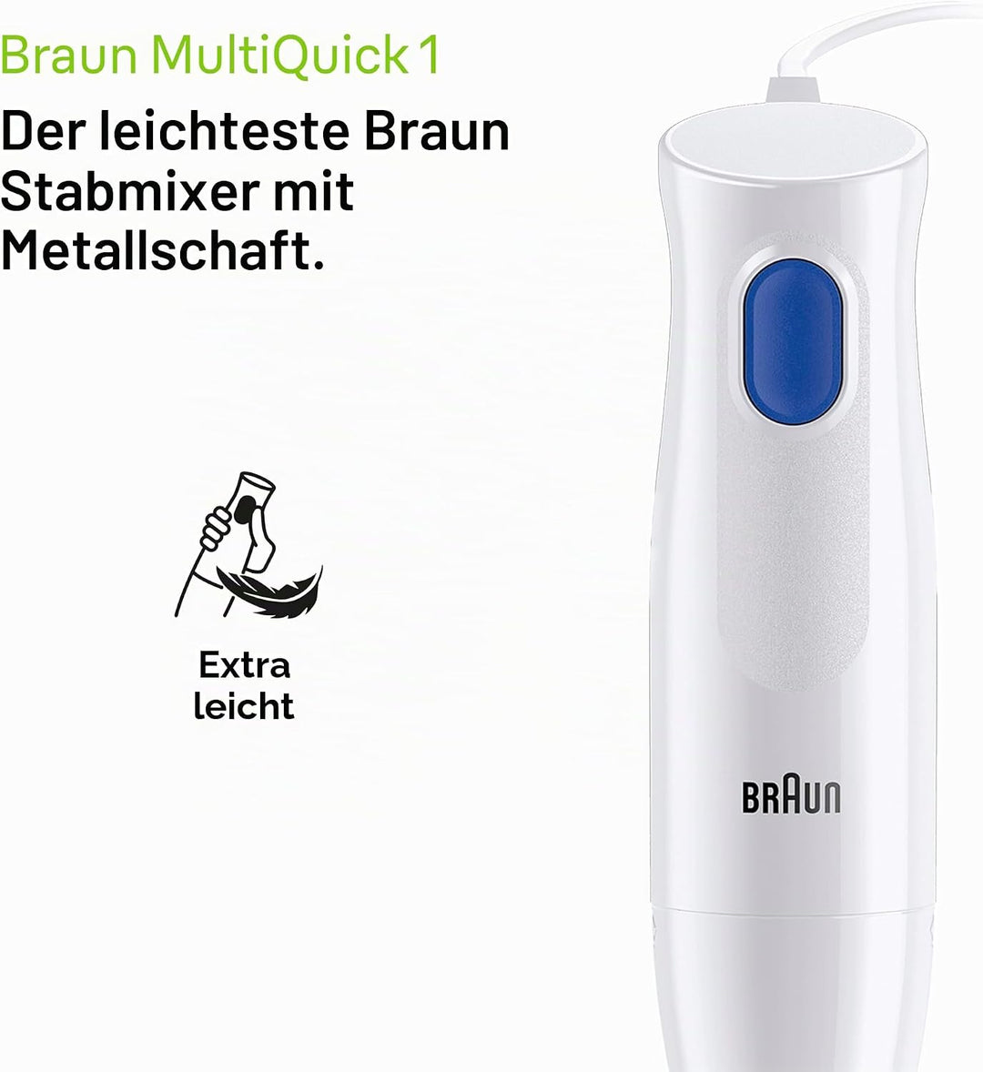 Braun MultiQuick 1 MQ10.201MWH Minipimer mit 5 Jahren Service, leichter Stabmixer, EasyTwist-Technol