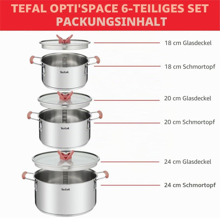Tefal OptiSpace Set mit 3 Töpfen + 3 Deckeln, 18, 20 und 24 cm, Edelstahl, 3 flache Deckel, rutschfe
