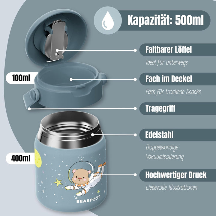 BEARFOOT Kinder Thermobehälter Edelstahl 500ml, BPA-frei (Astro Bär - Blau) | Auslaufsicher, mit fal