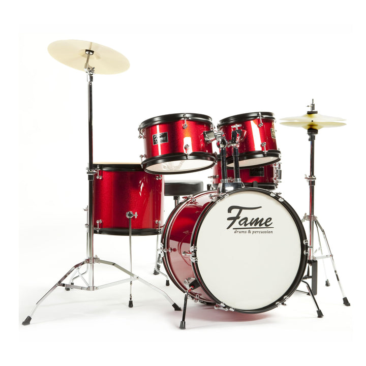Fame Kiddyset 5 PC Junior Drumset Red, Kinderschlagzeug mit Bass Drum, Toms, Snare, Hardware und Hoc
