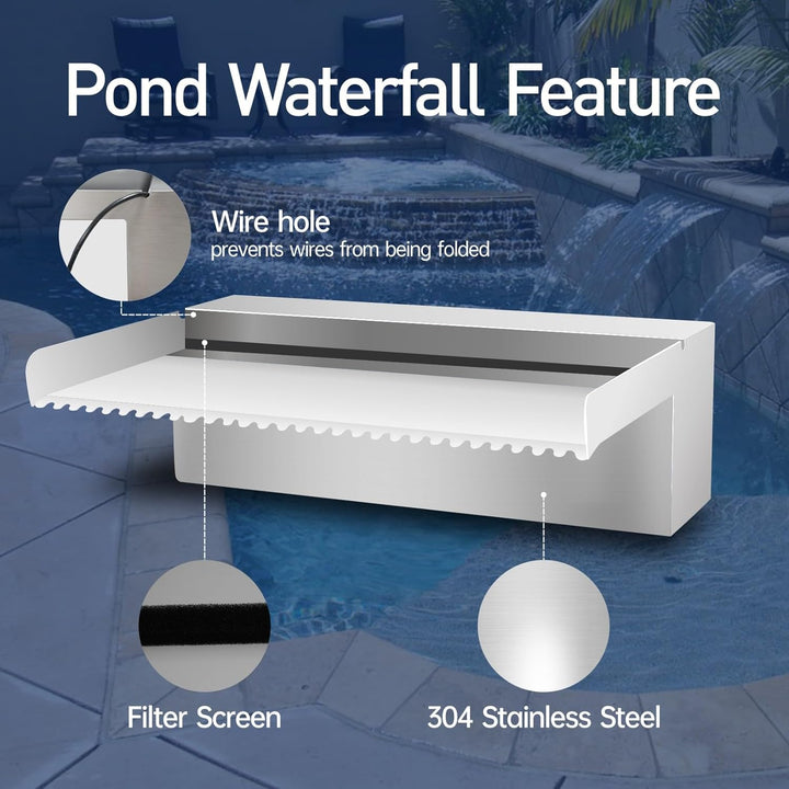 Pool Brunnen Edelstahl Teich Wasserfall Spillway Kits für Innen-/Aussendekorativ, 60x20x10cm Pool Wa