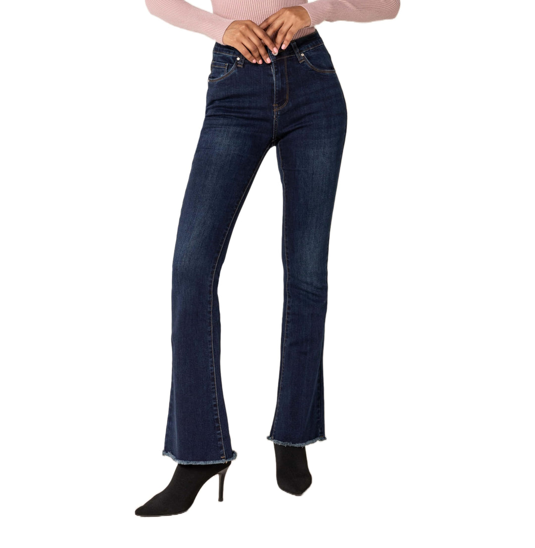 Nina Carter Damen Bootcut Jeans im Retro-Stil Mid Waist Stretchjeans Jeanshosen Used-Look Schlaghose