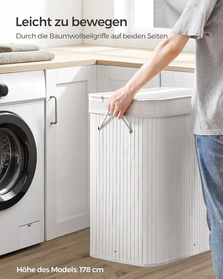 SONGMICS Wäschekorb mit Deckel, Wäschesammler Bambus, Wäschesack herausnehmbar und maschinenwaschbar