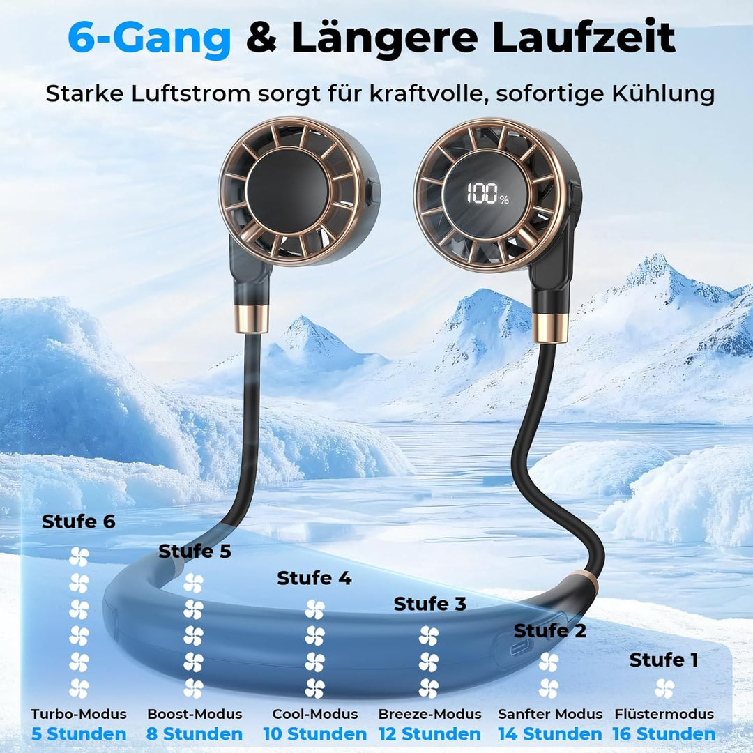 Nackenventilator, 4000mAh Tragbarer Halsventilator, 6 Stufen & 360° Luftstrom, 5-16 Stunden,Extrem L