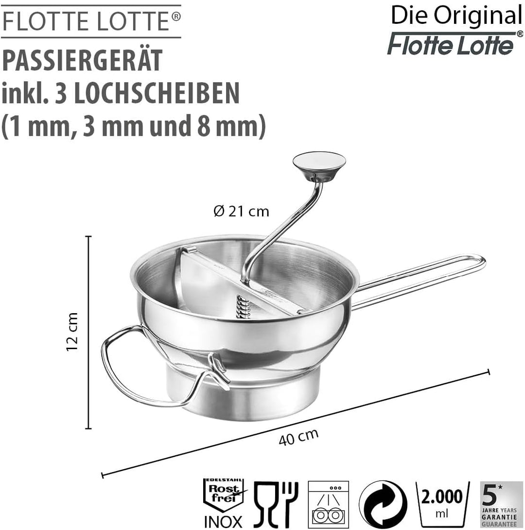 GEFU Passiermühle Original FLOTTE LOTTE Edelstahl | 3 Lochscheiben 1/3/8 mm | Passiergerät für Tomat