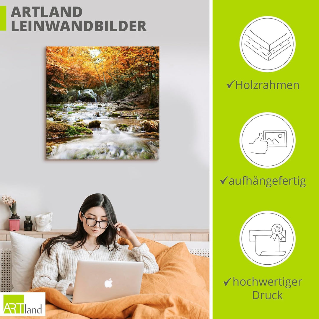 ARTland Leinwandbilder Wandbild Bild auf Leinwand 40x40 cm Herbst Landschaft Natur Wald Wasserfall F