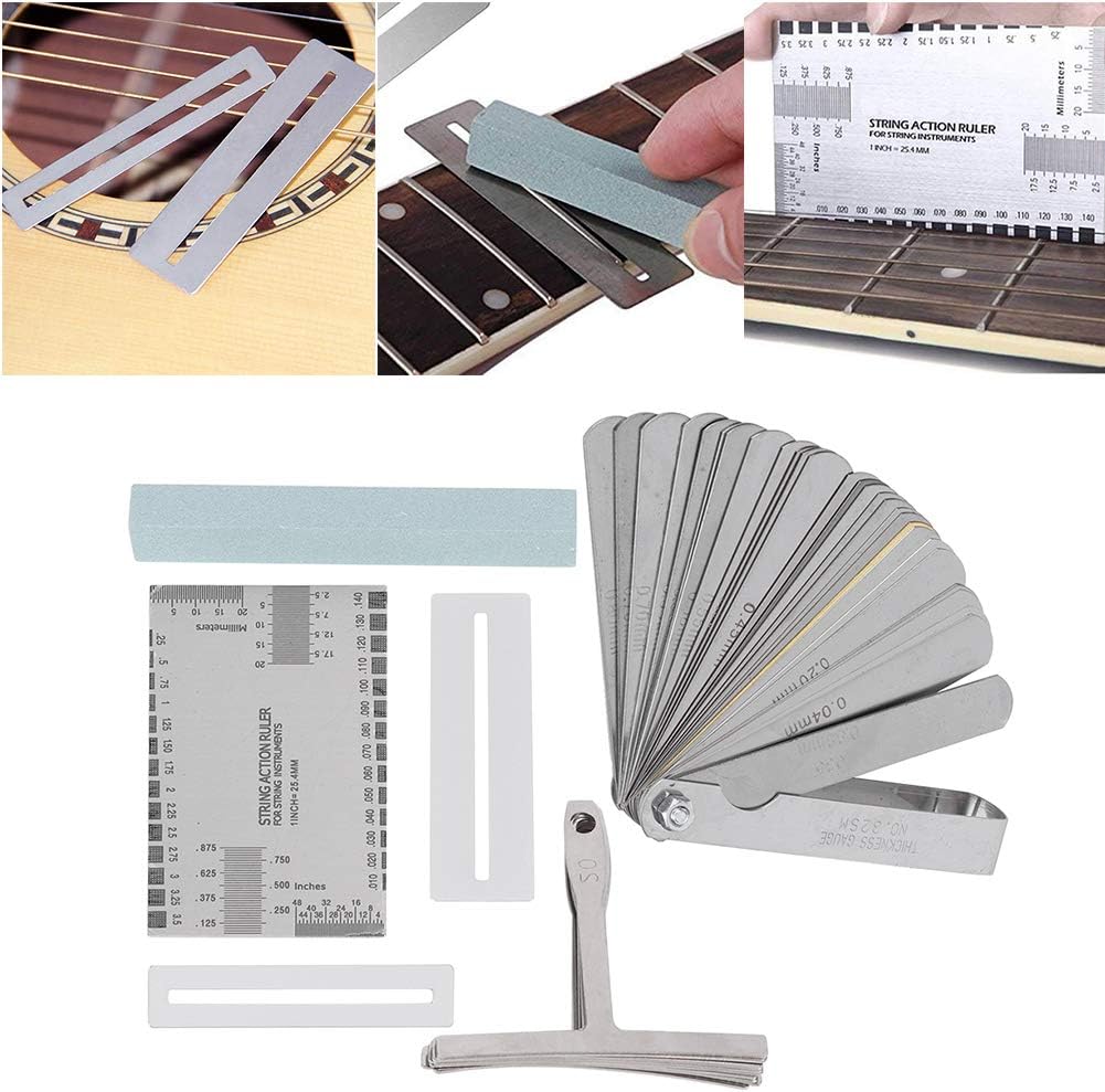 Das Gitarren-Werkzeugset mit Sander Radius Gauge String Action Lineal Griffbrettschutz eignet sich z