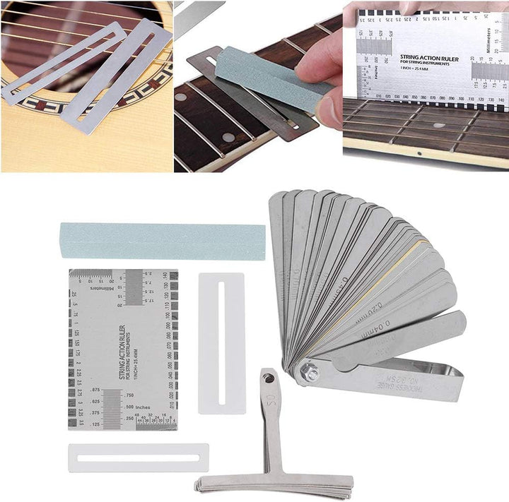 Das Gitarren-Werkzeugset mit Sander Radius Gauge String Action Lineal Griffbrettschutz eignet sich z
