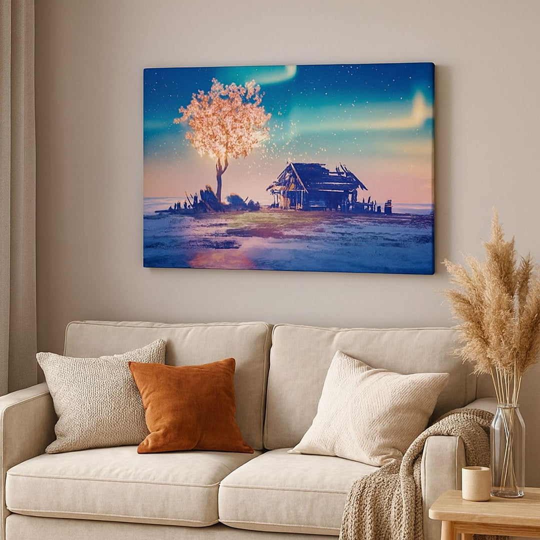ARTTOR Bilder auf Leinwand 100x70cm Leinwandbild Baum Haus Nacht Sterne Gross Wanddeko Bild Schlafzi