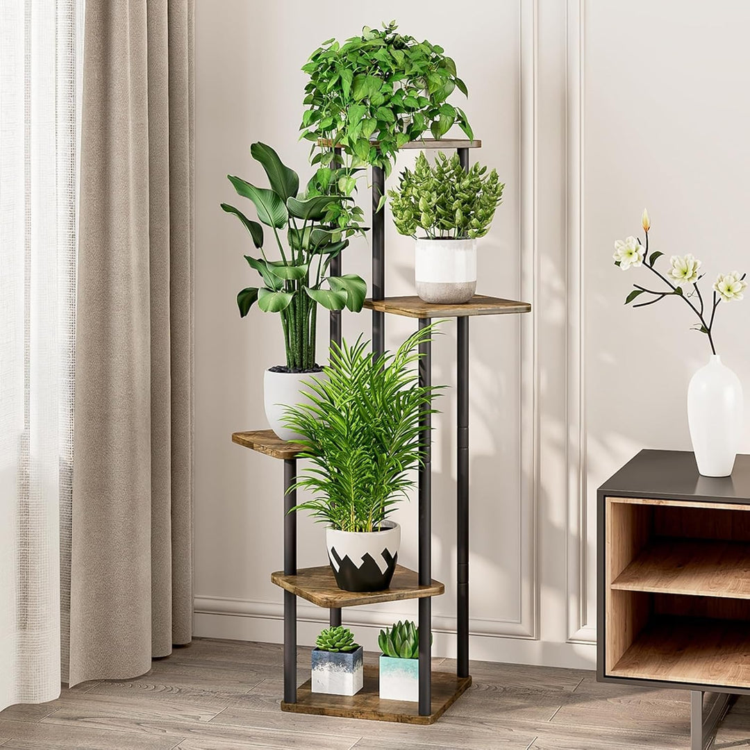 Allyson® Blumenständer mit 5 Ebenen – Pflanzenständer aus Metall & Holz, Pflanzenregal Modernes Rega