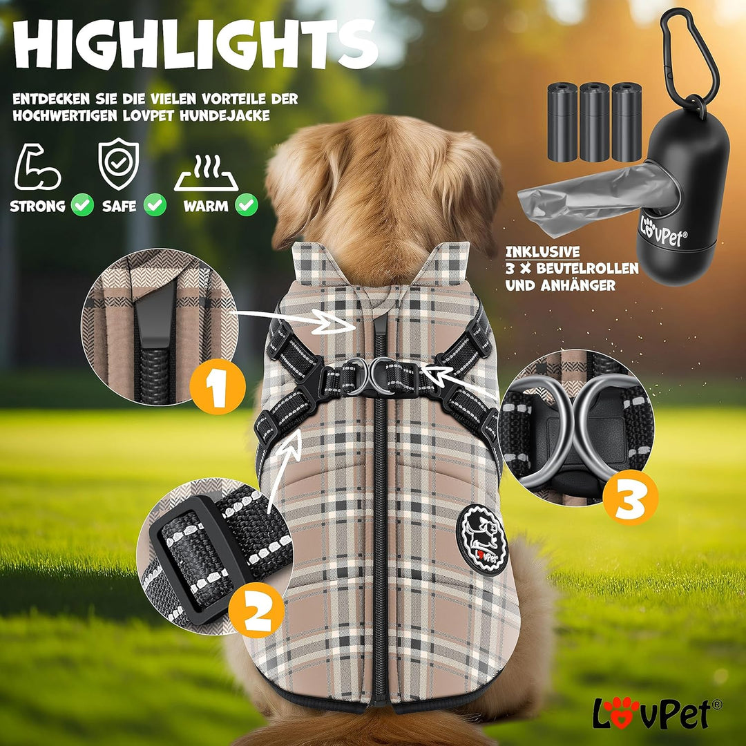 Hundejacke Hundemantel mit Geschirr, inkl. 45 Stück Kotbeutel + Spender, Hunde Winterweste gefüttert