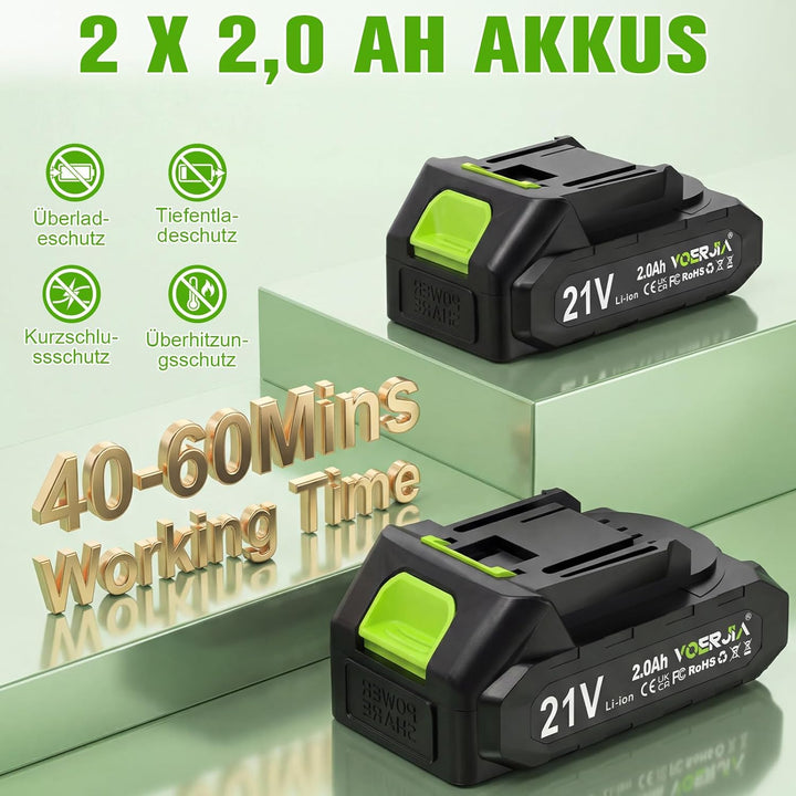 Akku Rasentrimmer 21V, 2-in-1 Rasentrimmer & Kantenschneider, LCD Akkuanzeige, 2×2000mAh Akku, Autom